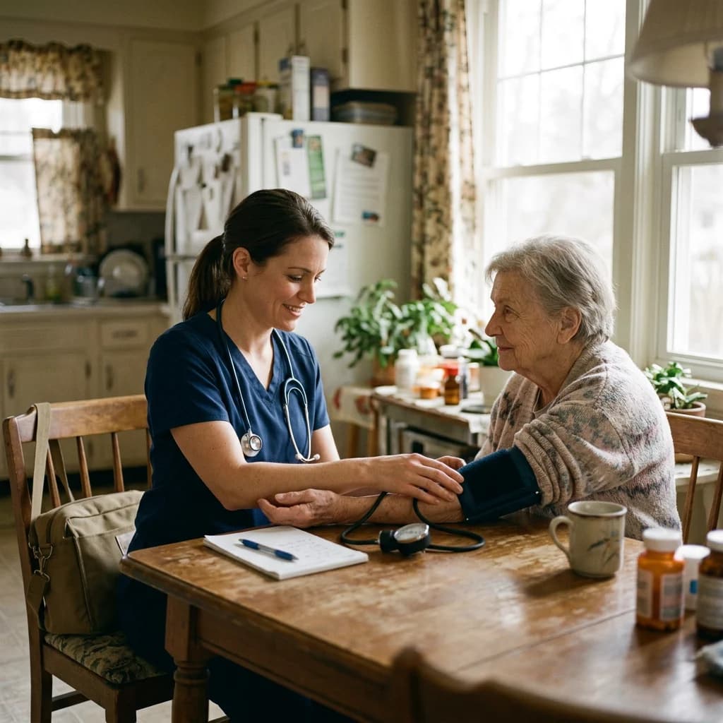 Illustration of a home health nurse checking blood pressure at a kitchen table