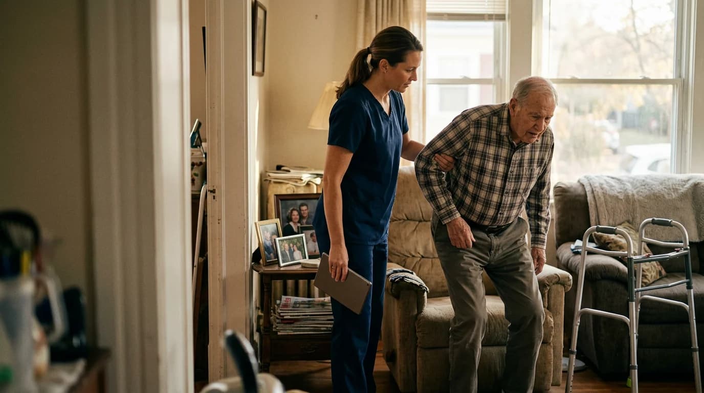 Illustration of a home health clinician helping an older adult stand in his living room